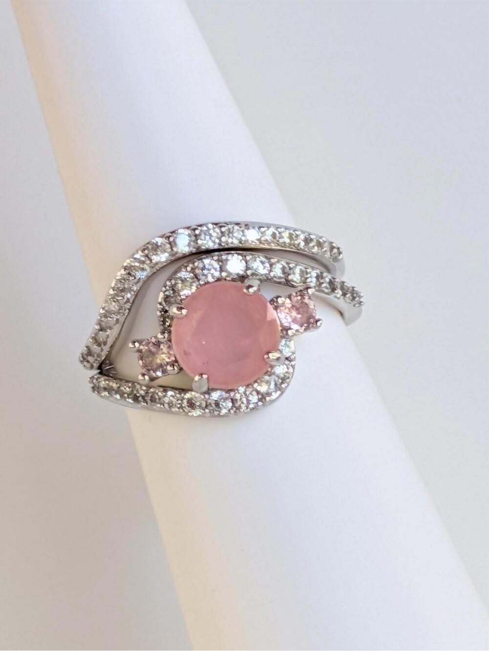 Bomb Party 2pc Ring Sz 8 "Bask In Every Moment" Rose Quartz +Quartz on Rhodium